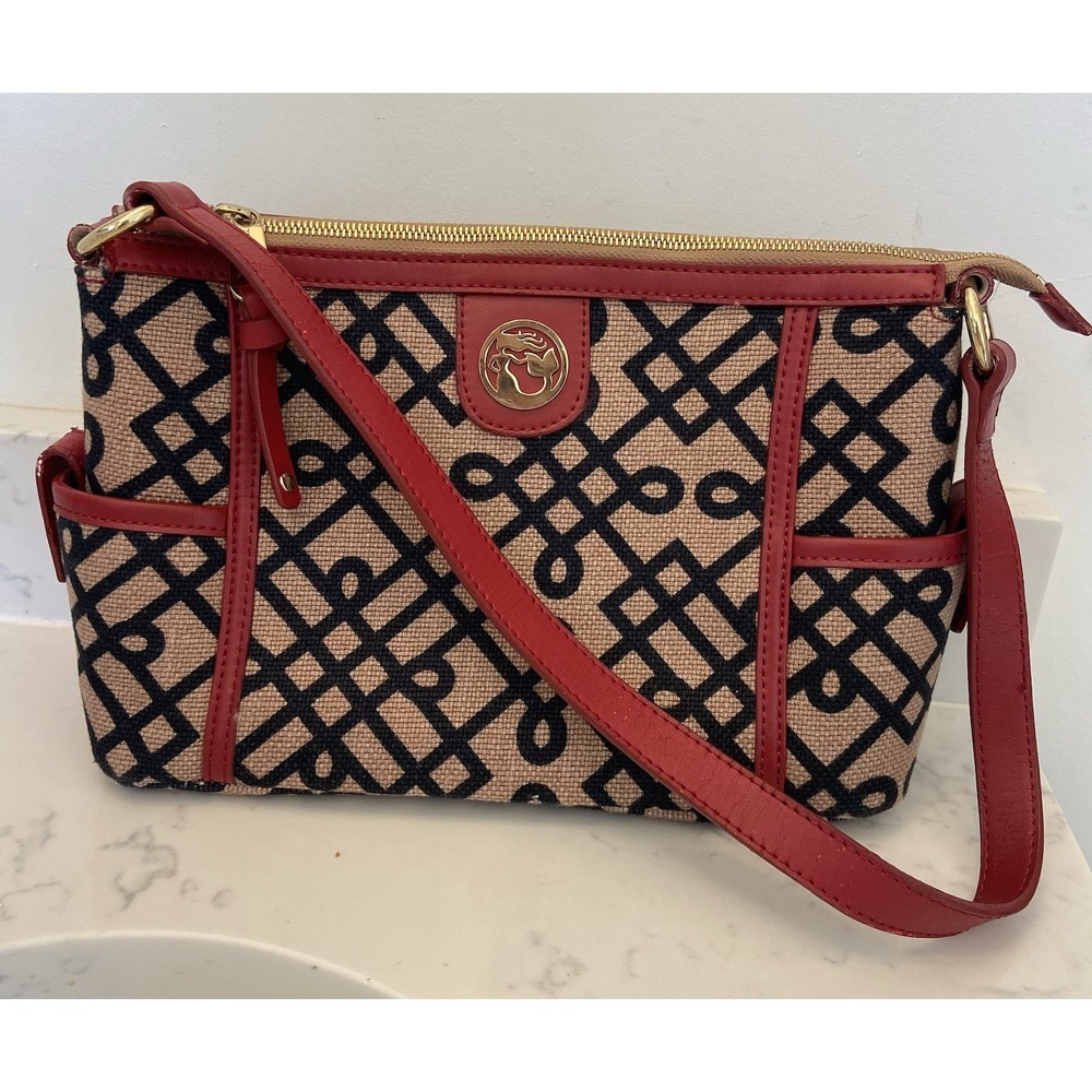 SPARTINA 449 Daufuskie Island Brown Black Linen Geometric Red‎  Leather Purse
